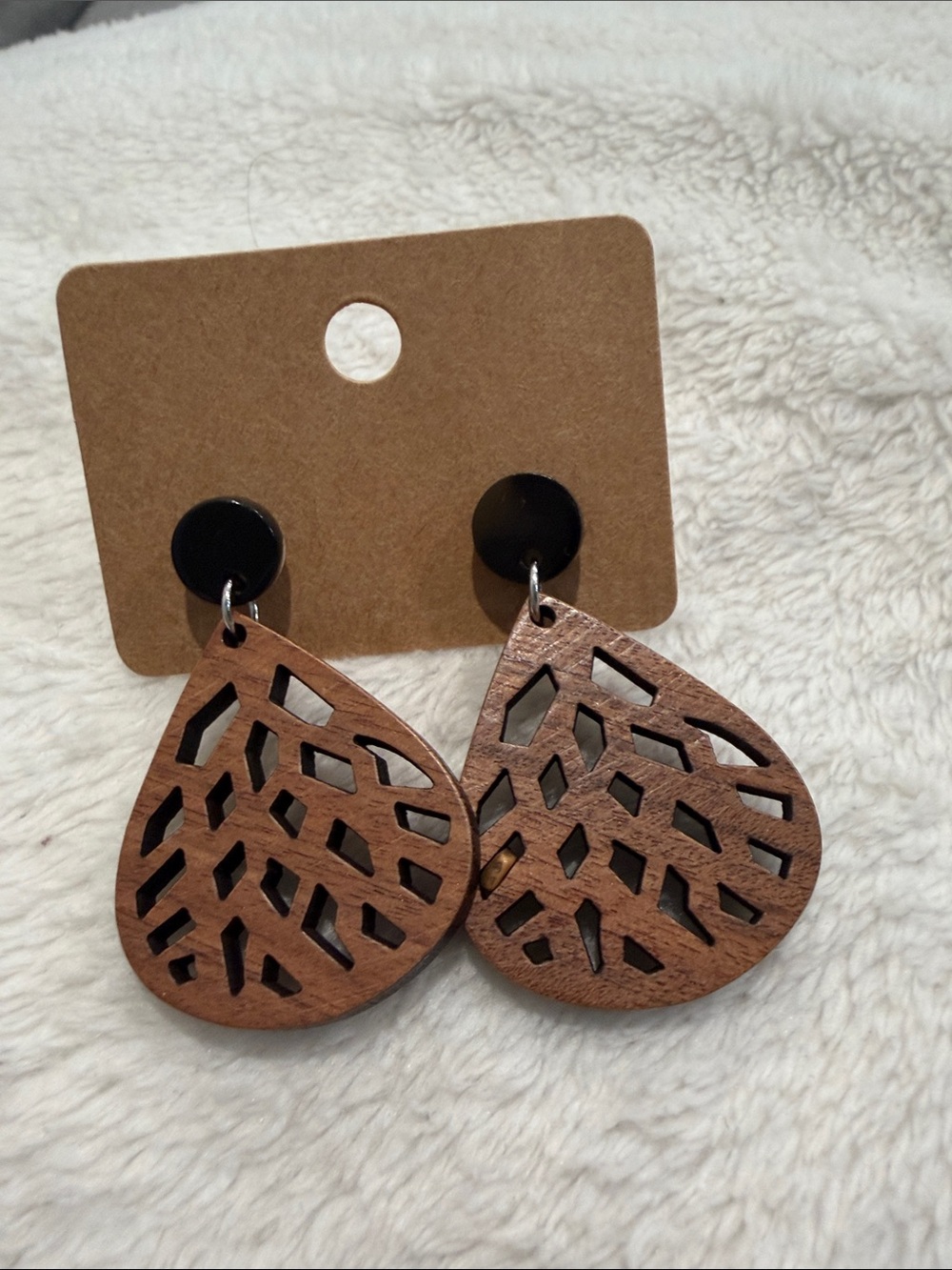 Wood Teardrop Cutout Earrings - Brown